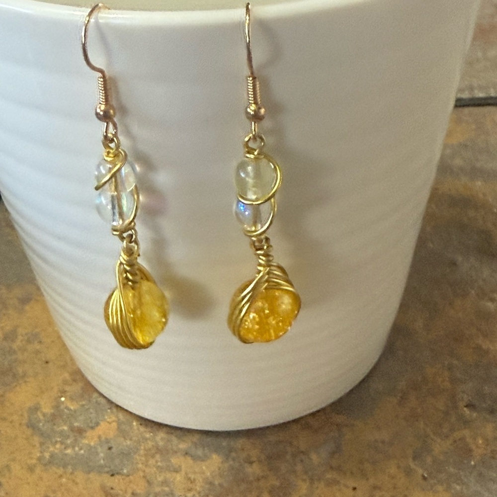 New and Handmade Gold Tone on Yellow and Clear Dangle Earrings